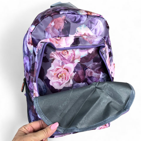 Cotton Road Backpack: Purple Floral PVC with Matching Wallet Set