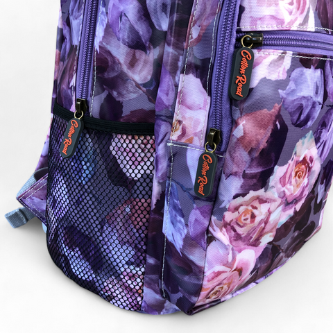 Cotton Road Backpack: Purple Floral PVC with Matching Wallet Set