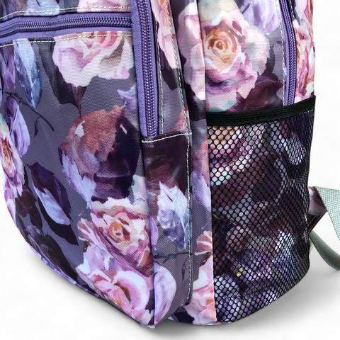 Cotton Road Backpack: Purple Floral PVC with Matching Wallet Set