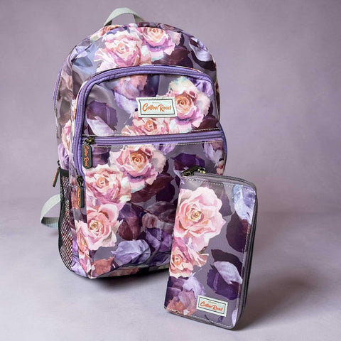 Cotton Road Backpack: Purple Floral PVC with Matching Wallet Set