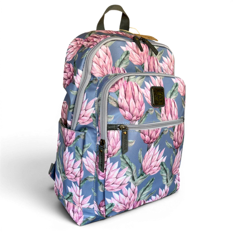 Cotton Road Backpack: Stylish Blue PVC 15.6" Laptop Bag with Proteas