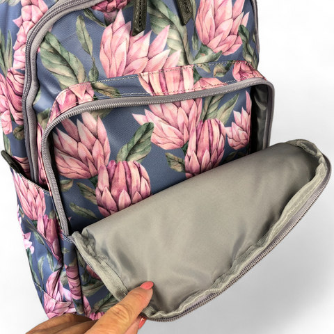 Cotton Road Backpack: Stylish Blue PVC 15.6" Laptop Bag with Proteas