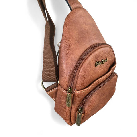 Cotton Road Backpack: TAN BROWN PU Leather Cross Body Bag / Mini Backpack