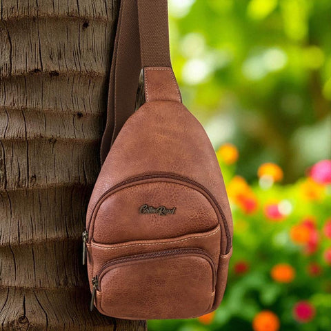 Cotton Road Backpack: TAN BROWN PU Leather Cross Body Bag / Mini Backpack