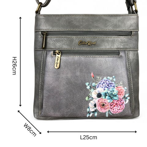 Cotton Road Bag: GREY PU Leather Sling Bag with FLORAL detailing