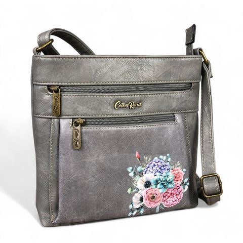Cotton Road Bag: GREY PU Leather Sling Bag with FLORAL detailing