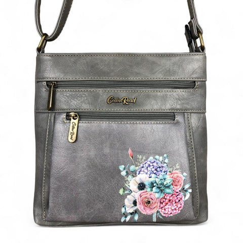 Cotton Road Bag: GREY PU Leather Sling Bag with FLORAL detailing