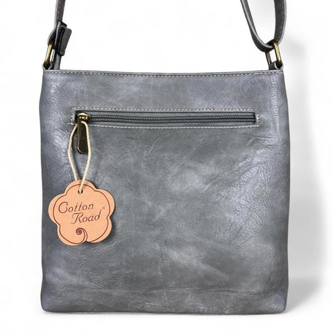 Cotton Road Bag: GREY PU Leather Sling Bag with FLORAL detailing