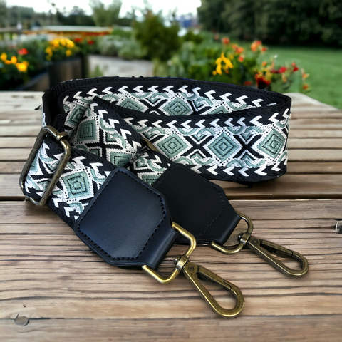 Cotton Road Bag Strap: Canvas Adjustable Patterned Strap with BLACK PU LEATHER TRIM
