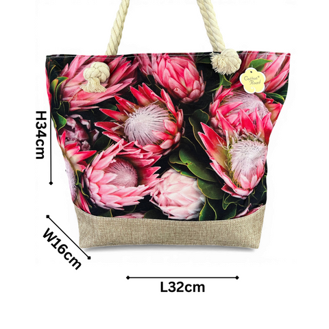 Cotton Road Beach Bag: BLACK Canvas PROTEA Bag with HESSIAN detailing