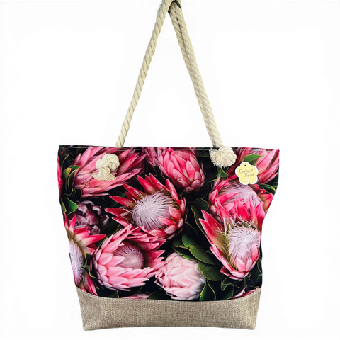 Cotton Road Beach Bag: BLACK Canvas PROTEA Bag with HESSIAN detailing