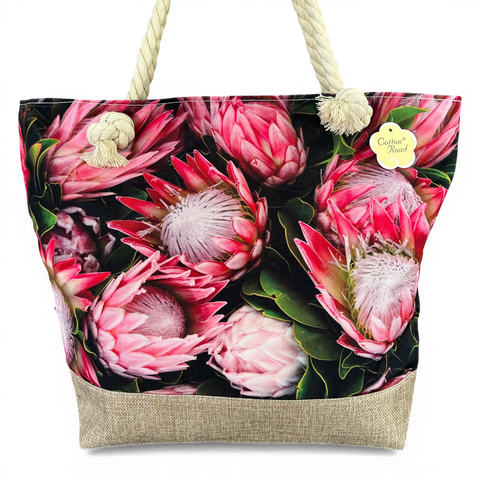 Cotton Road Beach Bag: BLACK Canvas PROTEA Bag with HESSIAN detailing