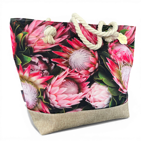 Cotton Road Beach Bag: BLACK Canvas PROTEA Bag with HESSIAN detailing