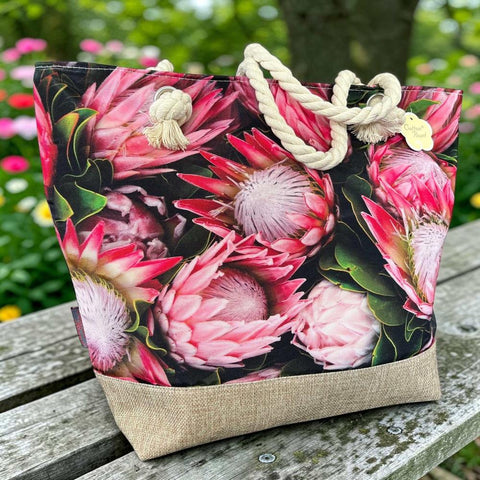 Cotton Road Beach Bag: BLACK Canvas PROTEA Bag with HESSIAN detailing