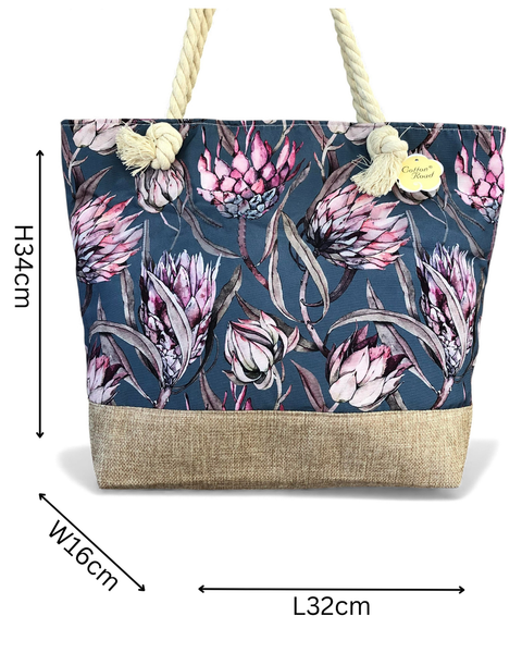 Cotton Road Beach Bag: BLUE Canvas PROTEA Print Bag with HESSIAN detailing