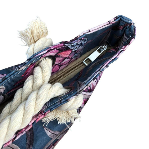 Cotton Road Beach Bag: BLUE Canvas PROTEA Print Bag with HESSIAN detailing