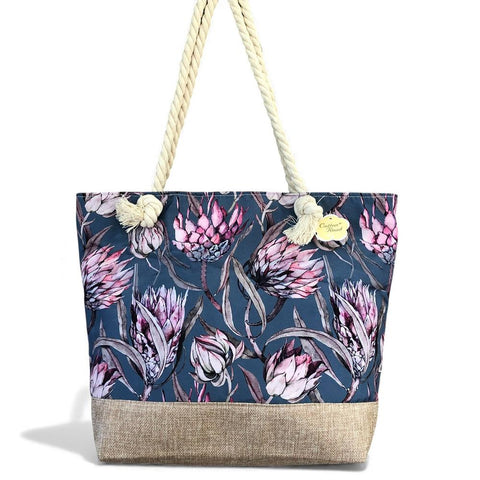 Cotton Road Beach Bag: BLUE Canvas PROTEA Print Bag with HESSIAN detailing