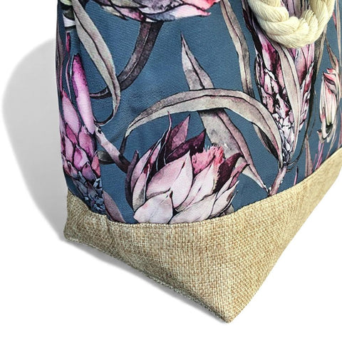 Cotton Road Beach Bag: BLUE Canvas PROTEA Print Bag with HESSIAN detailing
