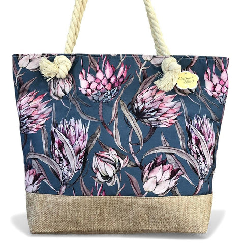 Cotton Road Beach Bag: BLUE Canvas PROTEA Print Bag with HESSIAN detailing