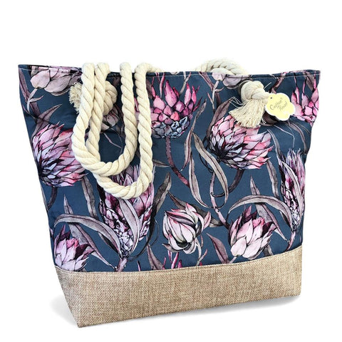 Cotton Road Beach Bag: BLUE Canvas PROTEA Print Bag with HESSIAN detailing