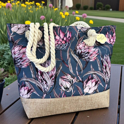 Cotton Road Beach Bag: BLUE Canvas PROTEA Print Bag with HESSIAN detailing