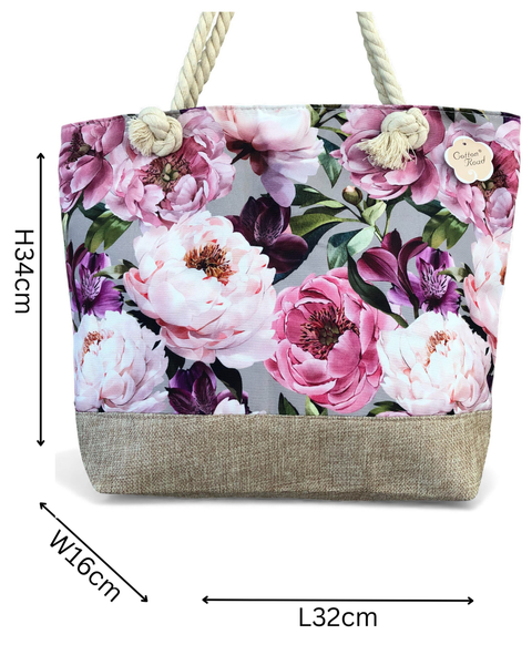 Cotton Road Beach Bag: Canvas FLORAL Bag with HESSIAN detailing