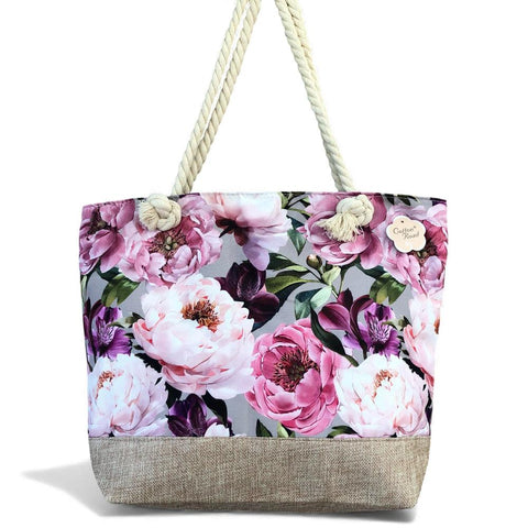 Cotton Road Beach Bag: Canvas FLORAL Bag with HESSIAN detailing