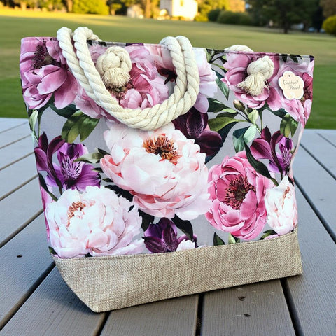 Cotton Road Beach Bag: Canvas FLORAL Bag with HESSIAN detailing