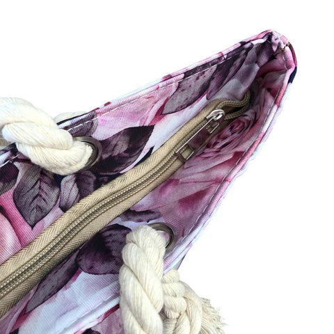 Cotton Road Beach Bag: Canvas ROSE Print Bag with HESSIAN detailing