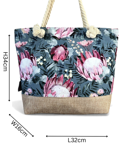 Cotton Road Beach Bag: GREEN Canvas PROTEA Bag with HESSIAN detailing