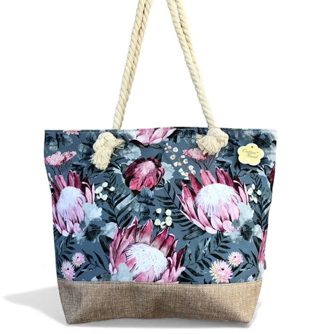 Cotton Road Beach Bag: GREEN Canvas PROTEA Bag with HESSIAN detailing