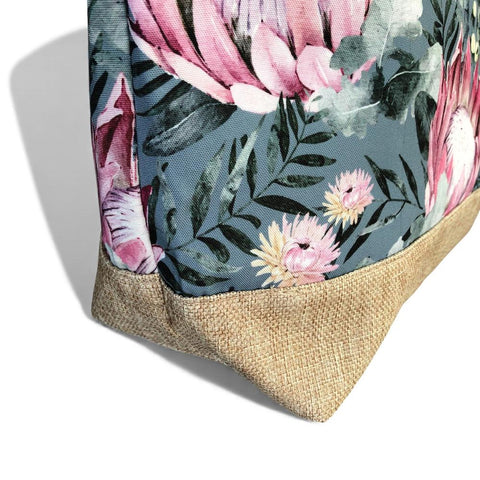 Cotton Road Beach Bag: GREEN Canvas PROTEA Bag with HESSIAN detailing