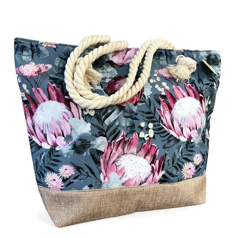 Cotton Road Beach Bag: GREEN Canvas PROTEA Bag with HESSIAN detailing