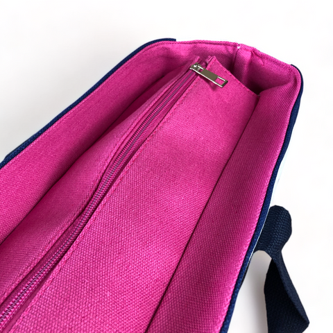 Cotton Road Canvas NAVY and WHITE Beach Bag with STRIPES and PINK Trim