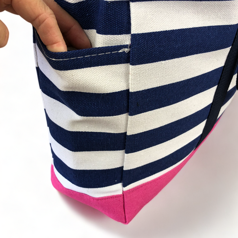 Cotton Road Canvas NAVY and WHITE Beach Bag with STRIPES and PINK Trim