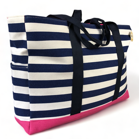 Cotton Road Canvas NAVY and WHITE Beach Bag with STRIPES and PINK Trim
