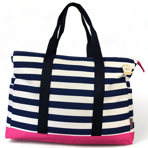 Cotton Road Canvas NAVY and WHITE Beach Bag with STRIPES and PINK Trim
