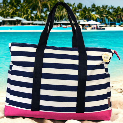 Cotton Road Canvas NAVY and WHITE Beach Bag with STRIPES and PINK Trim