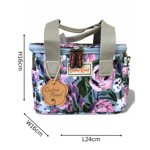 Cotton Road Cooler: BLUE PVC Cotton Road Lunch Box Cooler Bag with PURPLE PINK FLOWERS