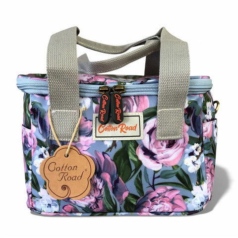 Cotton Road Cooler: BLUE PVC Cotton Road Lunch Box Cooler Bag with PURPLE PINK FLOWERS