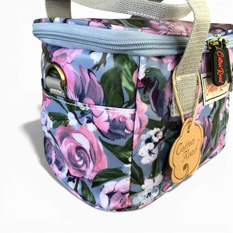 Cotton Road Cooler: BLUE PVC Cotton Road Lunch Box Cooler Bag with PURPLE PINK FLOWERS