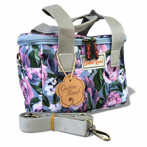 Cotton Road Cooler: BLUE PVC Cotton Road Lunch Box Cooler Bag with PURPLE PINK FLOWERS