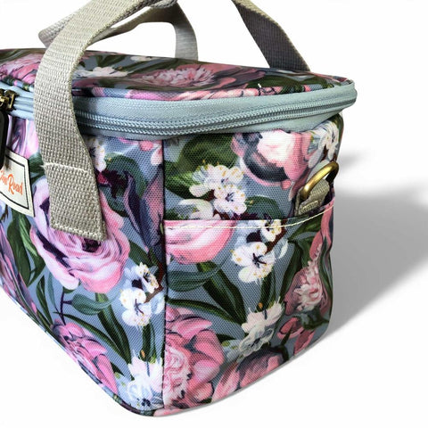 Cotton Road Cooler: BLUE PVC Cotton Road Lunch Box Cooler Bag with PURPLE PINK FLOWERS