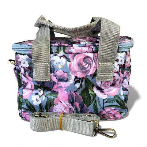 Cotton Road Cooler: BLUE PVC Cotton Road Lunch Box Cooler Bag with PURPLE PINK FLOWERS
