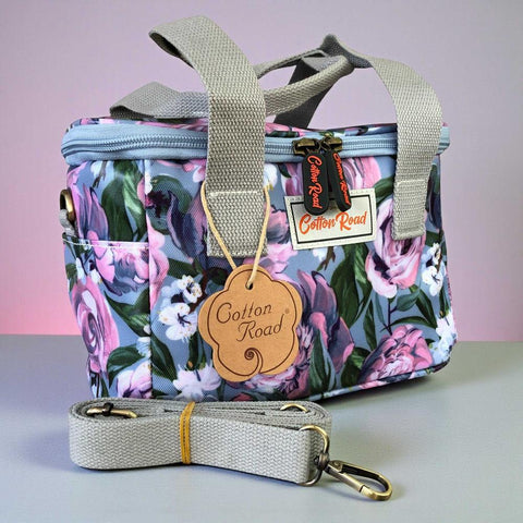 Cotton Road Cooler: BLUE PVC Cotton Road Lunch Box Cooler Bag with PURPLE PINK FLOWERS