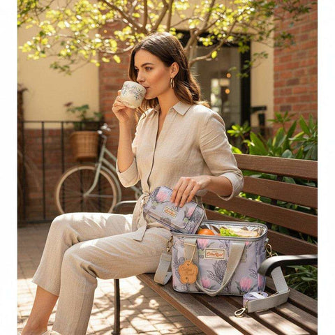 Cotton Road Cooler: BLUE PVC Lunch Bag with PROTEAS and Matching Sling Wallet