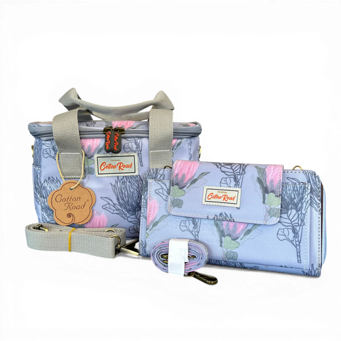 Cotton Road Cooler: BLUE PVC Lunch Bag with PROTEAS and Matching Sling Wallet