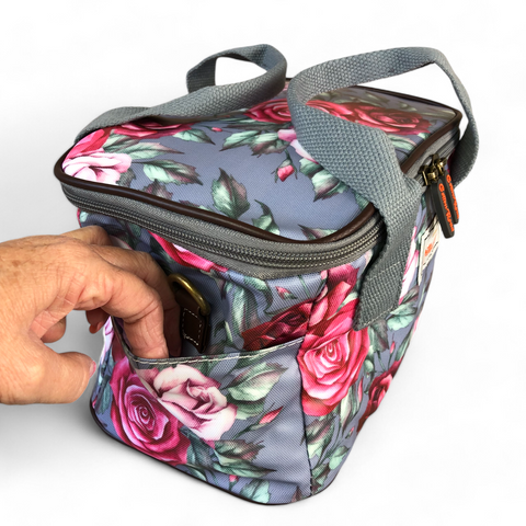 Cotton Road Cooler: Grey Roses PVC Lunch Box Cooler & Vanity Bag