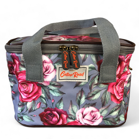 Cotton Road Cooler: Grey Roses PVC Lunch Box Cooler & Vanity Bag