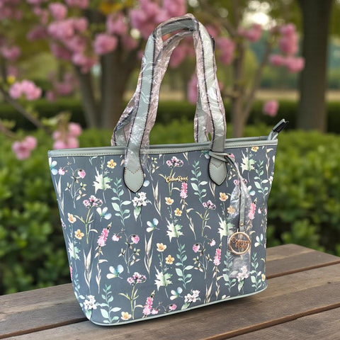 Cotton Road GREEN PU LEATHER Handbag with FLORAL Panel